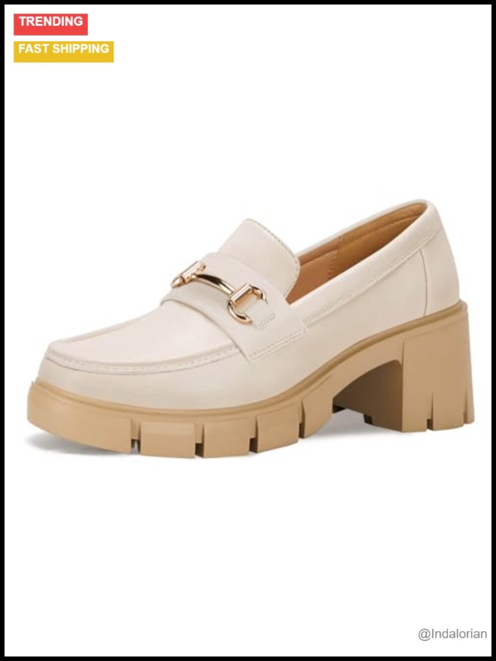 Womens Chunky Platform Loafers Mid Heel Square Toe Buckle Chain Faux Leather